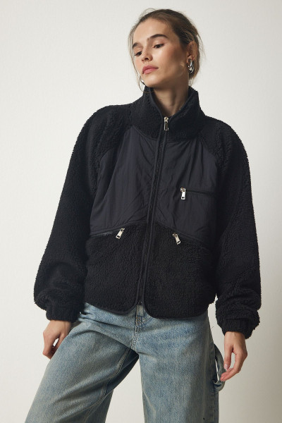 Kadın Siyah Fermuarlı Peluş Ceket Mont MC00245 Kadın Siyah Fermuarlı Peluş Ceket Mont MC00245