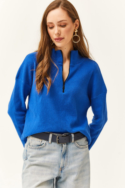 Kadın Saks Mavi Fermuarlı Dik Yaka Şardonlu Kazak