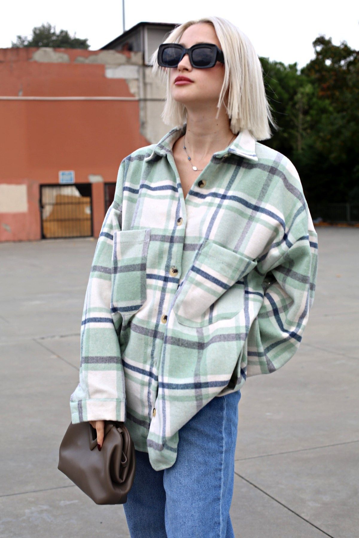 Su Yeşili Oversize Kadın Oduncu Gömlek Mg1589
