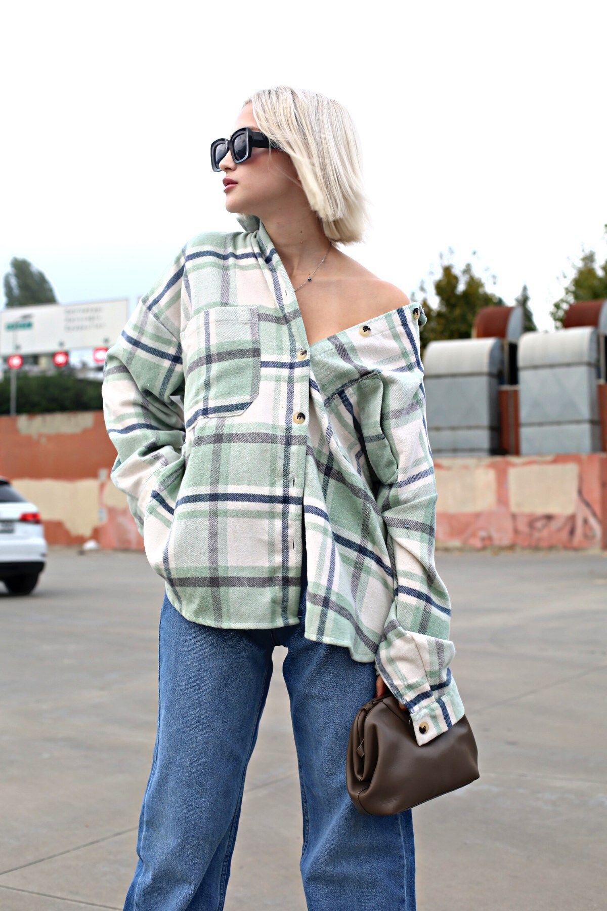 Su Yeşili Oversize Kadın Oduncu Gömlek Mg1589