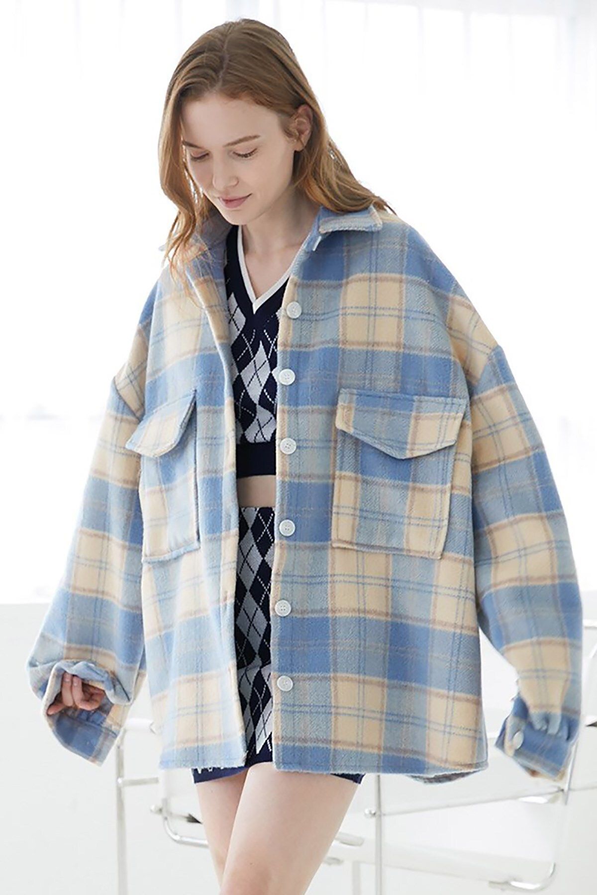 Mad Girls Turkuaz Ekose Ceket Mg042