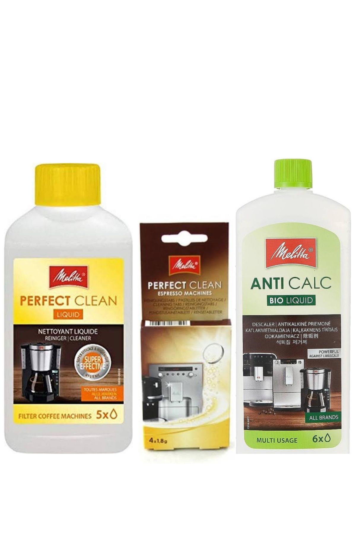 Kahve makinesi temizlik seti süt sistemi temizleme 250ml, kireç çözücü 250ml, 4lü temizleme tableti Kahve makinesi temizlik seti süt sistemi temizleme 250ml, kireç çözücü 250ml, 4lü temizleme tableti