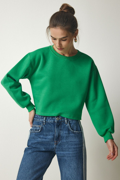 Kadın Yeşil Bisiklet Yaka Şardonlu Crop Örme Sweatshirt BF00085 Kadın Yeşil Bisiklet Yaka Şardonlu Crop Örme Sweatshirt BF00085