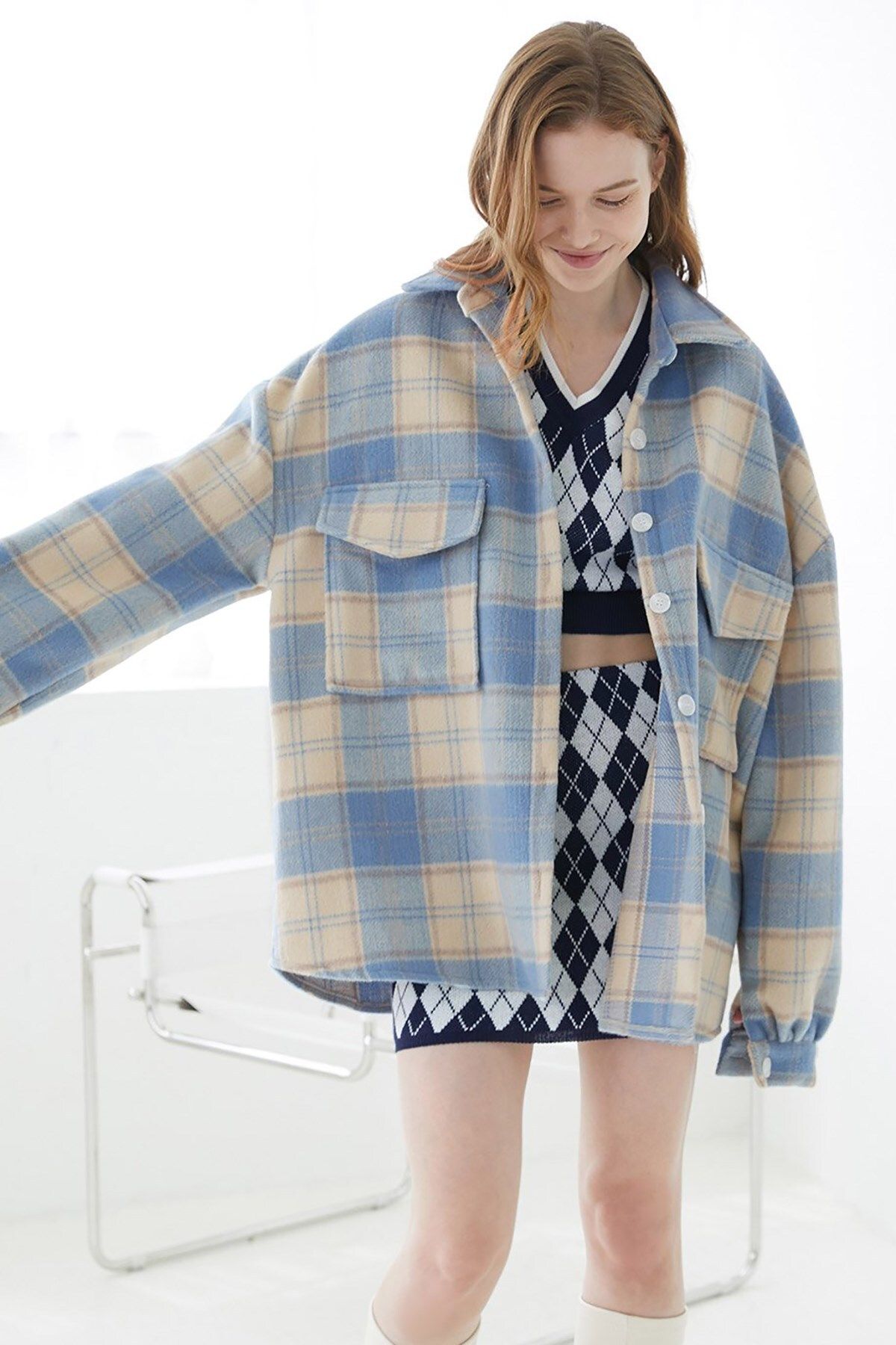 Mad Girls Turkuaz Ekose Ceket Mg042