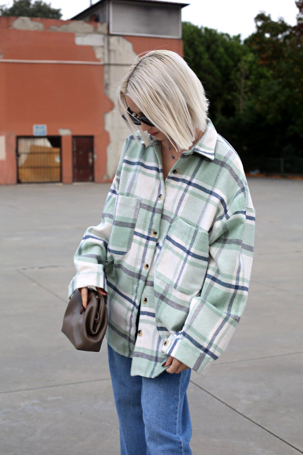 Su Yeşili Oversize Kadın Oduncu Gömlek Mg1589