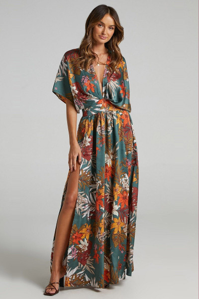 Kadın Yeşil Desenli Yırtmaç Detaylı Uzun Elbise Mg1698 Kadın Yeşil Desenli Yırtmaç Detaylı Uzun Elbise Mg1698