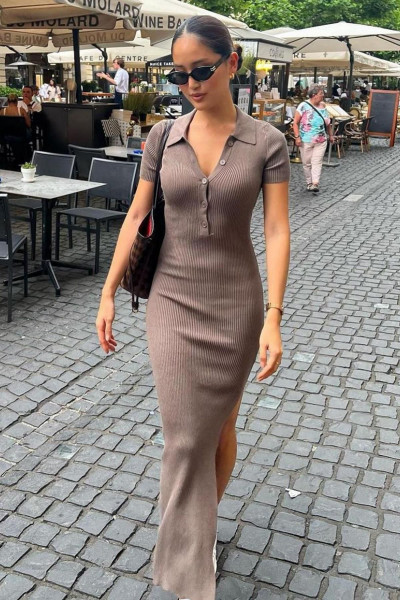 Vizon Yandan Yırtmaçlı Polo Yaka Kadın Triko Elbise Mg1480 Vizon Yandan Yırtmaçlı Polo Yaka Kadın Triko Elbise Mg1480