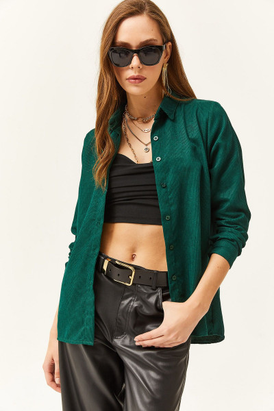 Kadın Zümrüt Yeşili İnce Fitilli Kadife Gömlek
