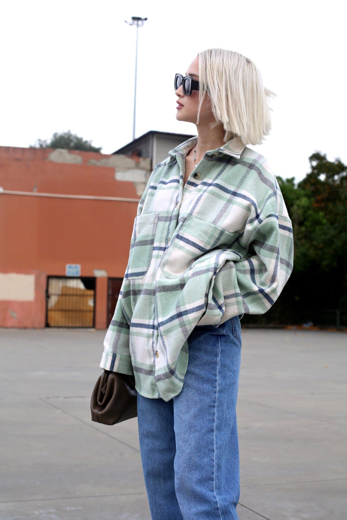Su Yeşili Oversize Kadın Oduncu Gömlek Mg1589