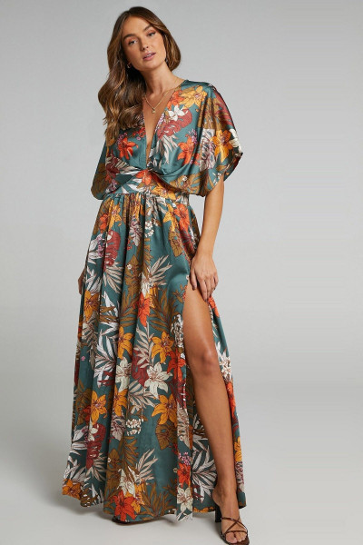 Kadın Yeşil Desenli Yırtmaç Detaylı Uzun Elbise Mg1698 Kadın Yeşil Desenli Yırtmaç Detaylı Uzun Elbise Mg1698