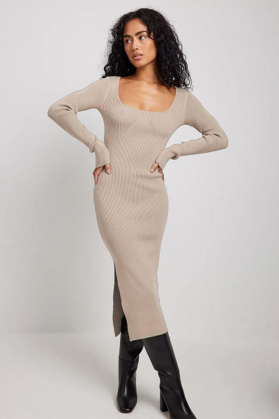 Taş Rengi Kare Yaka Triko Uzun Elbise Mg1719 Taş Rengi Kare Yaka Triko Uzun Elbise Mg1719