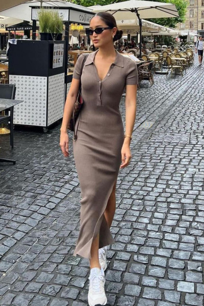 Vizon Yandan Yırtmaçlı Polo Yaka Kadın Triko Elbise Mg1480 Vizon Yandan Yırtmaçlı Polo Yaka Kadın Triko Elbise Mg1480