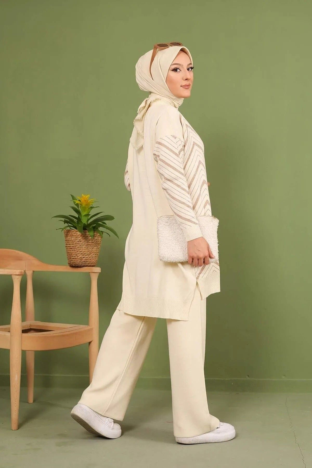 Simli Triko Tunik Pantolon Takım - Taş Simli Triko Tunik Pantolon Takım - Taş