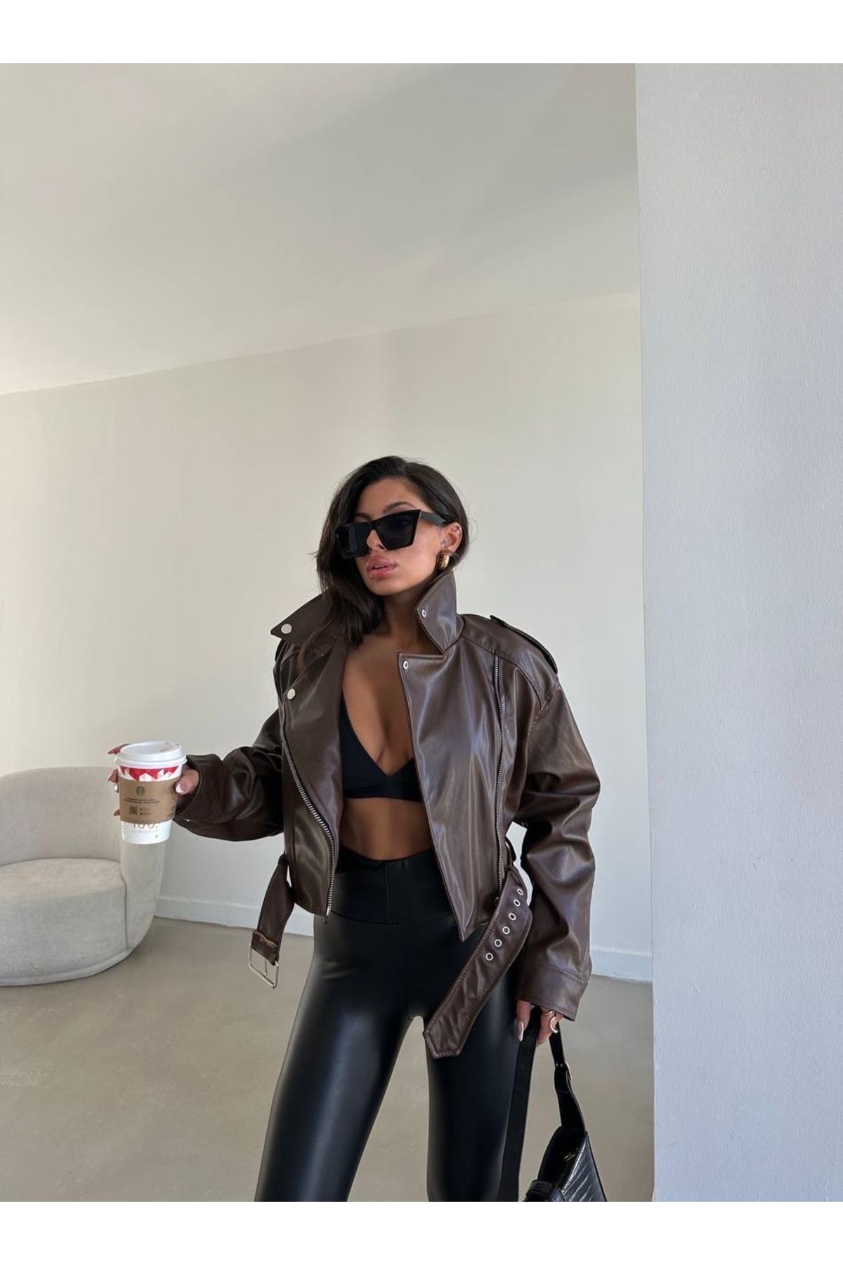 Kahverengi Biker Crop Deri Ceket Kahverengi Biker Crop Deri Ceket