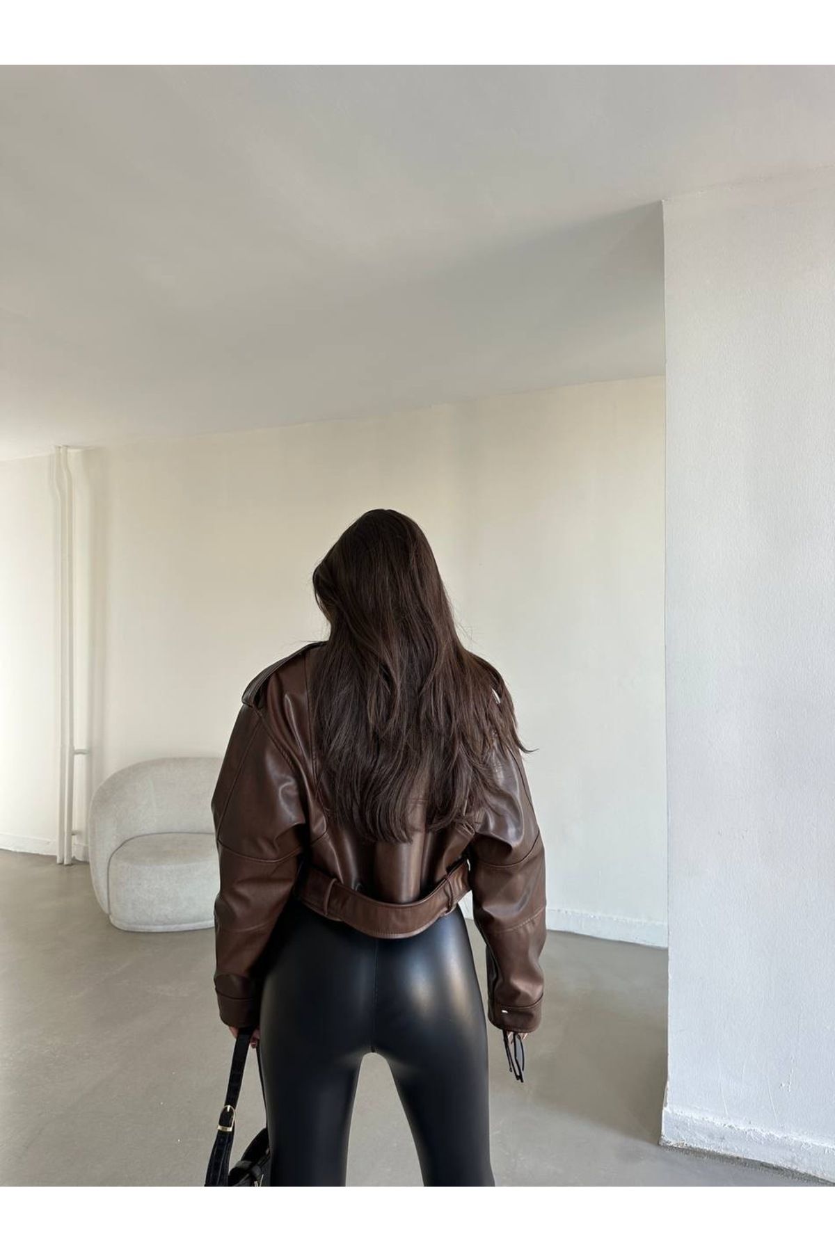 Kahverengi Biker Crop Deri Ceket Kahverengi Biker Crop Deri Ceket