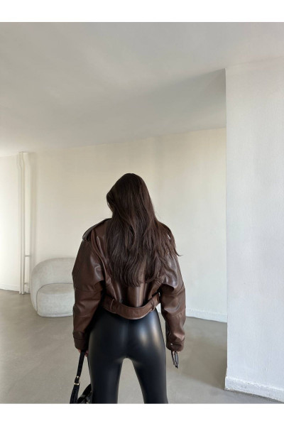 Kahverengi Biker Crop Deri Ceket Kahverengi Biker Crop Deri Ceket