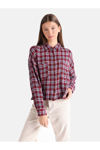 Regular Fit Ekoseli Bordo Kadın Uzun Kol Gömlek Regular Fit Ekoseli Bordo Kadın Uzun Kol Gömlek