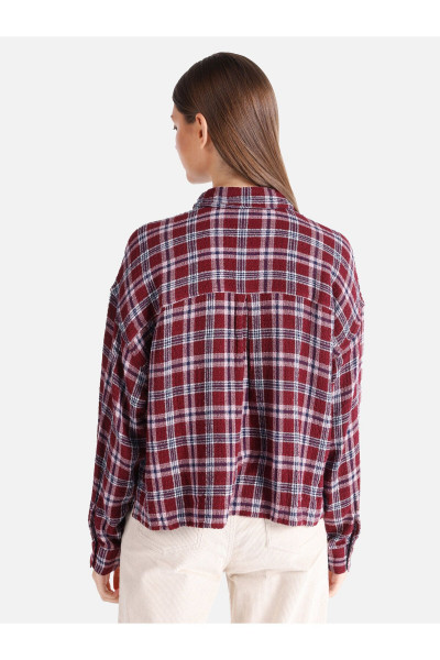Regular Fit Ekoseli Bordo Kadın Uzun Kol Gömlek Regular Fit Ekoseli Bordo Kadın Uzun Kol Gömlek