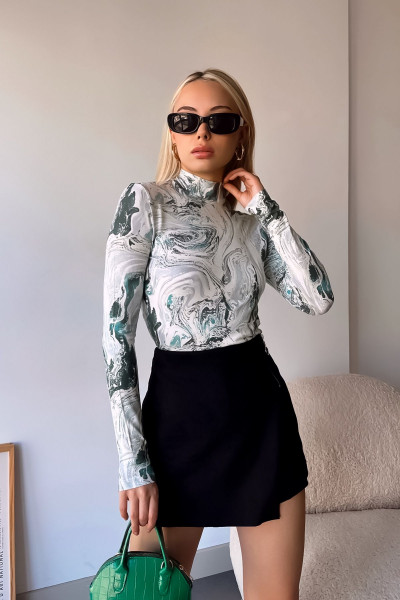 Kadın Yeni Sezon Yeşil Wave Desen Dik Yaka Uzun Kollu Bluz Kadın Yeni Sezon Yeşil Wave Desen Dik Yaka Uzun Kollu Bluz