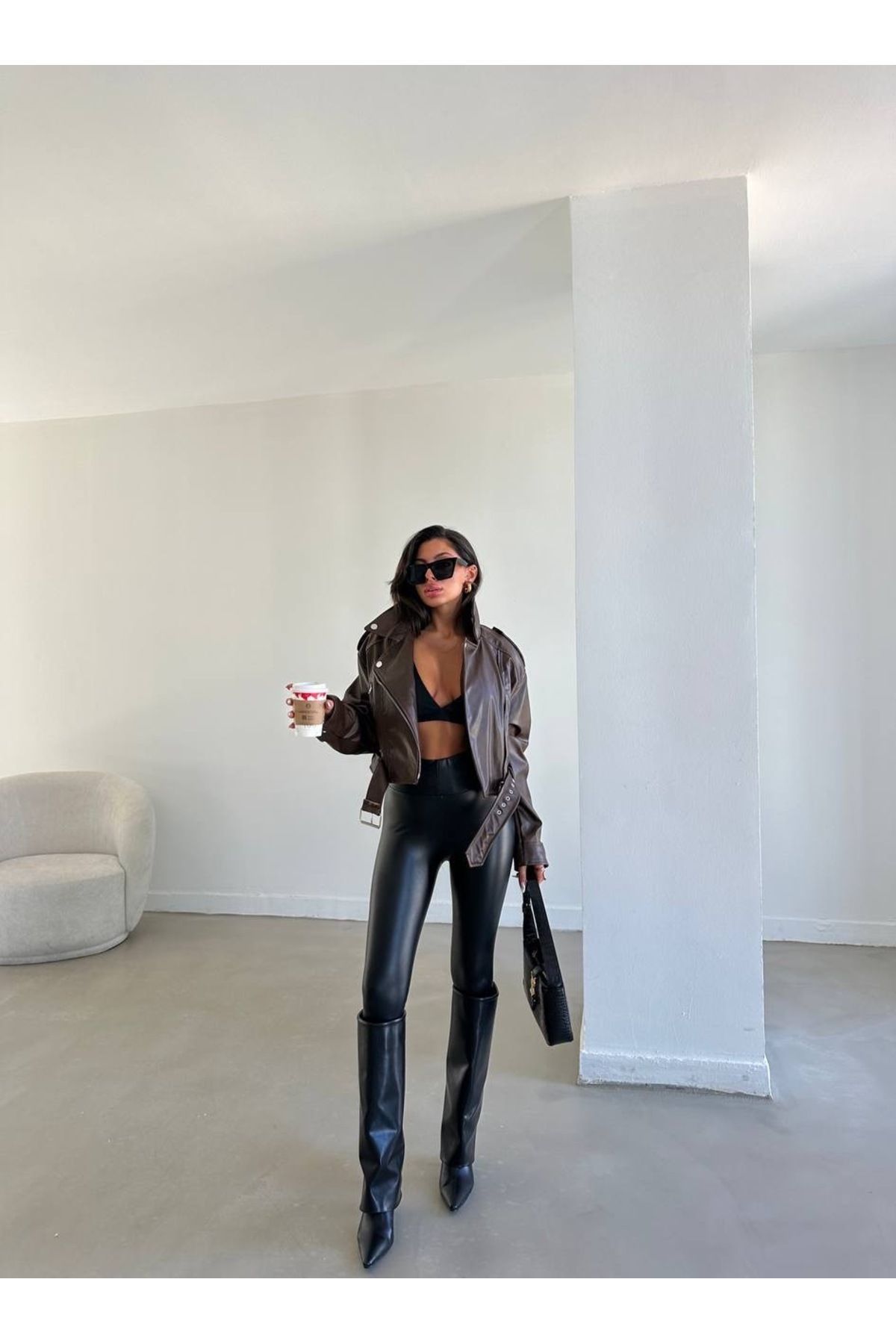 Kahverengi Biker Crop Deri Ceket Kahverengi Biker Crop Deri Ceket