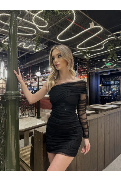 Kadın Tek Kol Astarlı Drapeli Mini Trend Tül Elbise Kadın Tek Kol Astarlı Drapeli Mini Trend Tül Elbise