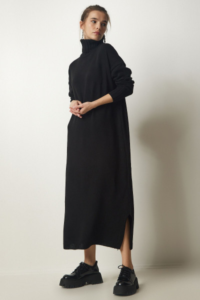 Kadın Siyah Balıkçı Yaka Yırtmaçlı Oversize Triko Elbise PF00042 Kadın Siyah Balıkçı Yaka Yırtmaçlı Oversize Triko Elbise PF00042