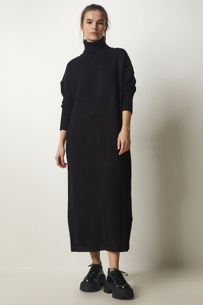 Kadın Siyah Balıkçı Yaka Yırtmaçlı Oversize Triko Elbise PF00042 Kadın Siyah Balıkçı Yaka Yırtmaçlı Oversize Triko Elbise PF00042