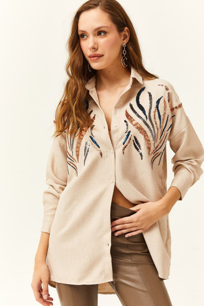 Kadın Taş Pul Payetli Yün Efektli Oversize Kışlık Gömlek