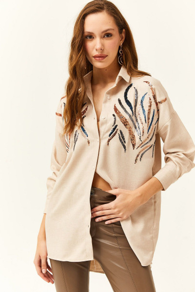 Kadın Taş Pul Payetli Yün Efektli Oversize Kışlık Gömlek