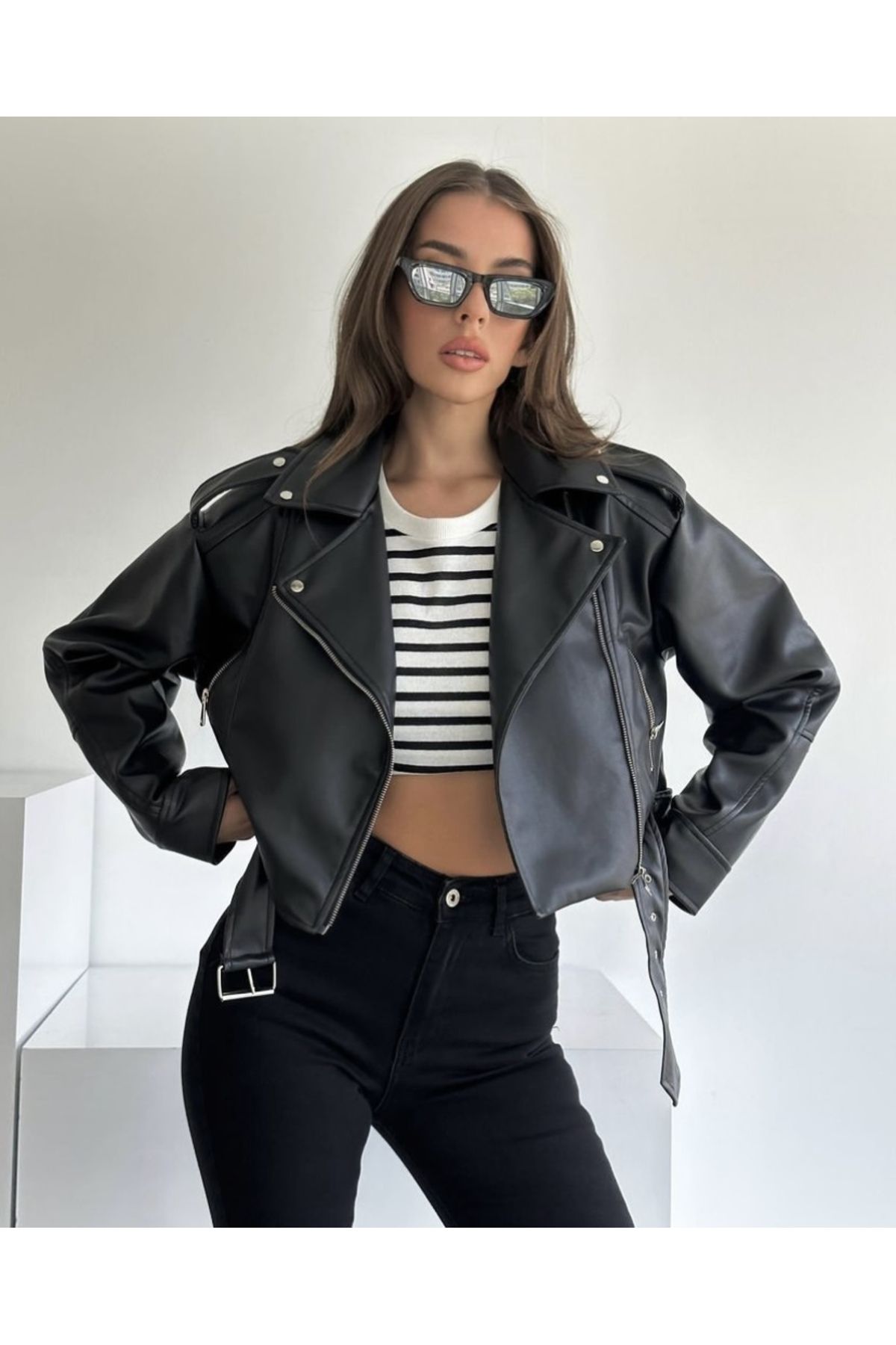 Yeni Sezon Oversize Siyah Biker Deri Ceket Yeni Sezon Oversize Siyah Biker Deri Ceket