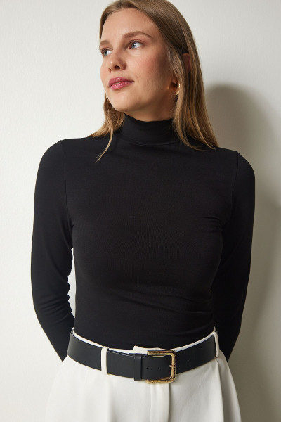 Kadın Siyah Dik Yaka Saran Esnek Örme Bluz UB00200