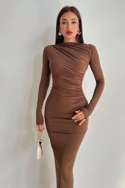 Kailey Kahve Drape Detay Maxi Elbise