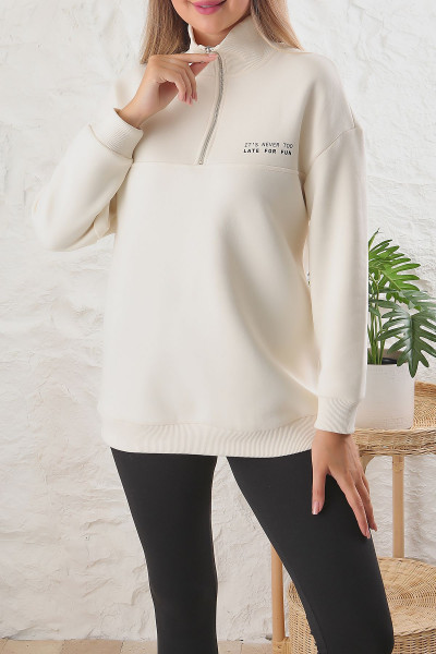 Kadın Oversize Fermuarlı Dik Yaka Slogan Baskılı 3iplik Içi Polarlı Tunik Sweatshirt Kadın Oversize Fermuarlı Dik Yaka Slogan Baskılı 3iplik Içi Polarlı Tunik Sweatshirt