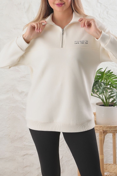 Kadın Oversize Fermuarlı Dik Yaka Slogan Baskılı 3iplik Içi Polarlı Tunik Sweatshirt Kadın Oversize Fermuarlı Dik Yaka Slogan Baskılı 3iplik Içi Polarlı Tunik Sweatshirt
