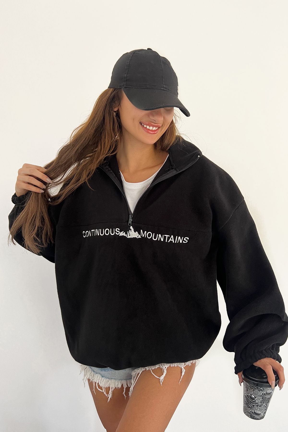 Kadın Polar Kumaş Siyah Oversize Sweatshirt Kadın Polar Kumaş Siyah Oversize Sweatshirt