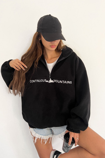 Kadın Polar Kumaş Siyah Oversize Sweatshirt Kadın Polar Kumaş Siyah Oversize Sweatshirt