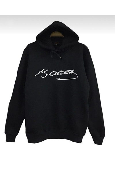 Siyah Mustafa Kemal ATATÜRK İmzalı Kapüşonlu Oversize Sweatshirt Siyah Mustafa Kemal ATATÜRK İmzalı Kapüşonlu Oversize Sweatshirt