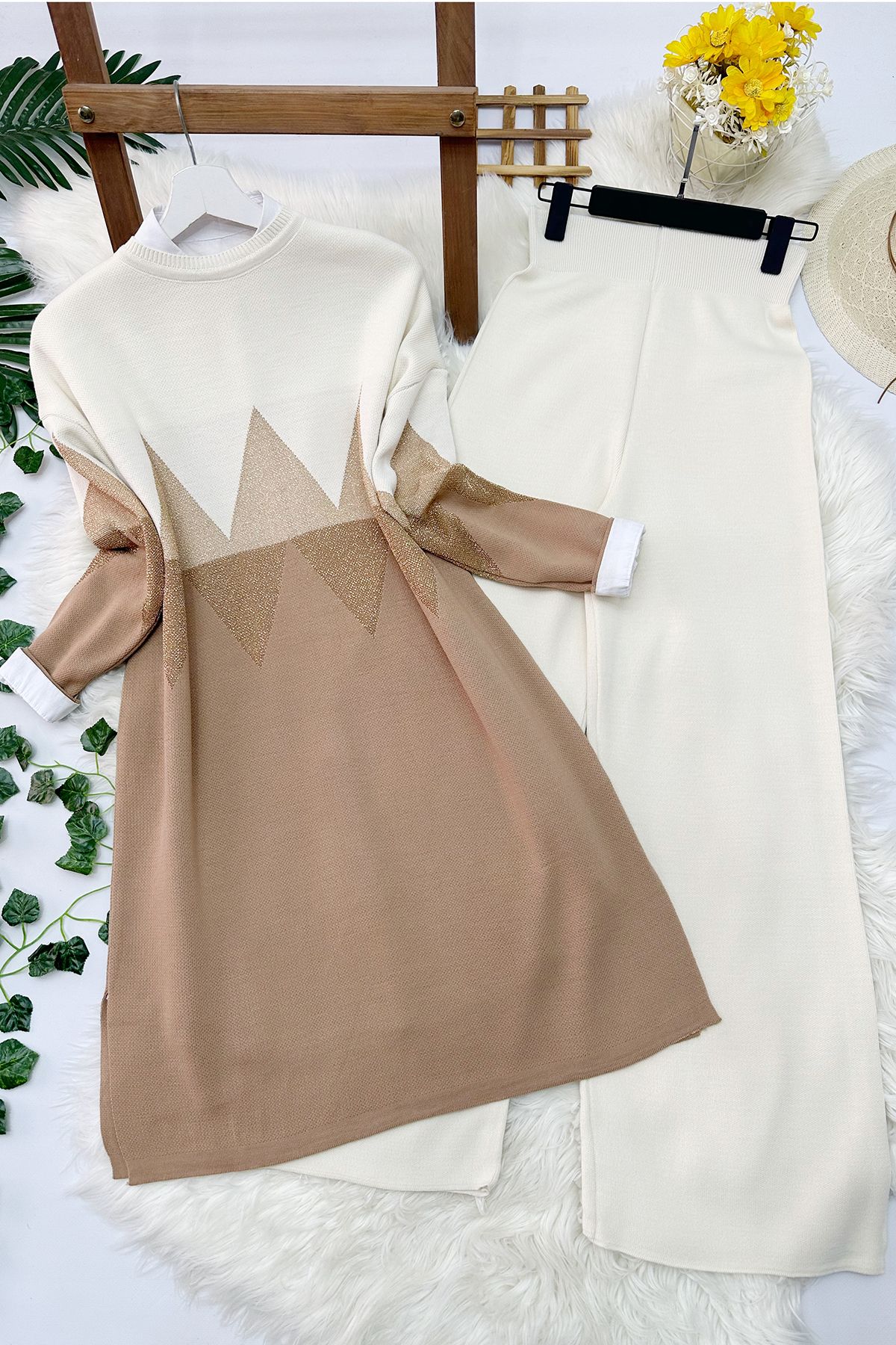 Zikzak Triko Tunik Pantolon Takım - Camel