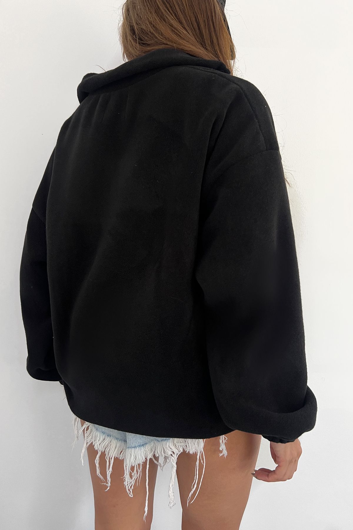 Kadın Polar Kumaş Siyah Oversize Sweatshirt Kadın Polar Kumaş Siyah Oversize Sweatshirt