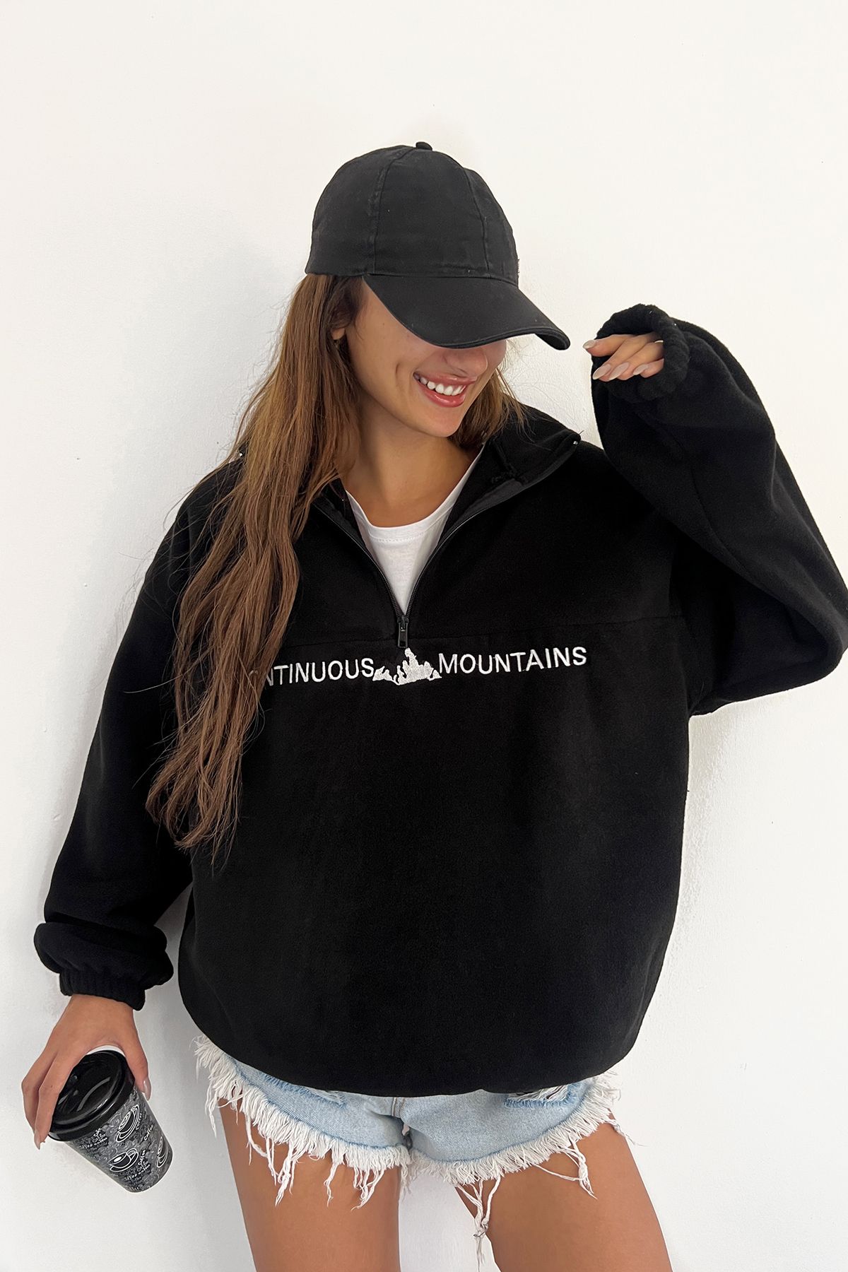 Kadın Polar Kumaş Siyah Oversize Sweatshirt Kadın Polar Kumaş Siyah Oversize Sweatshirt