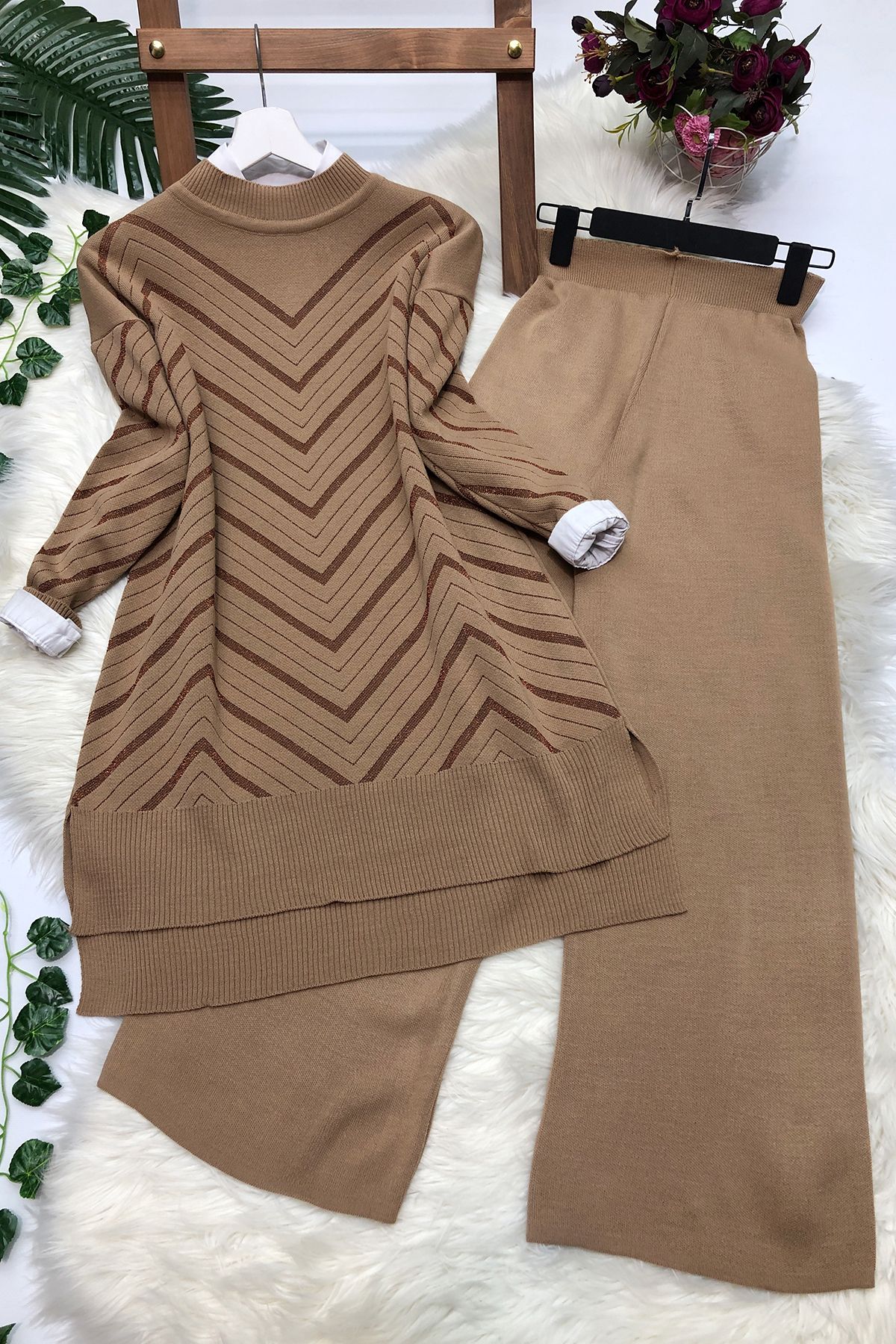Simli Triko Tunik Pantolon Takım - Camel Simli Triko Tunik Pantolon Takım - Camel