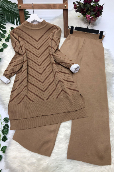 Simli Triko Tunik Pantolon Takım - Camel Simli Triko Tunik Pantolon Takım - Camel