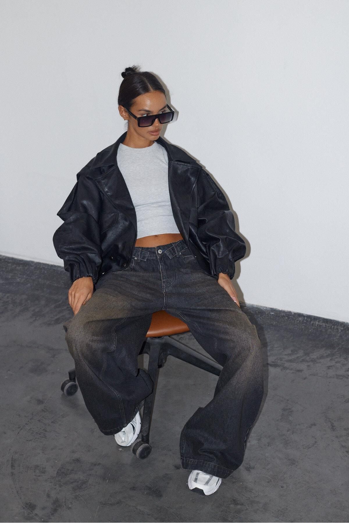 Siyah Oversize Deri Mont Siyah Oversize Deri Mont
