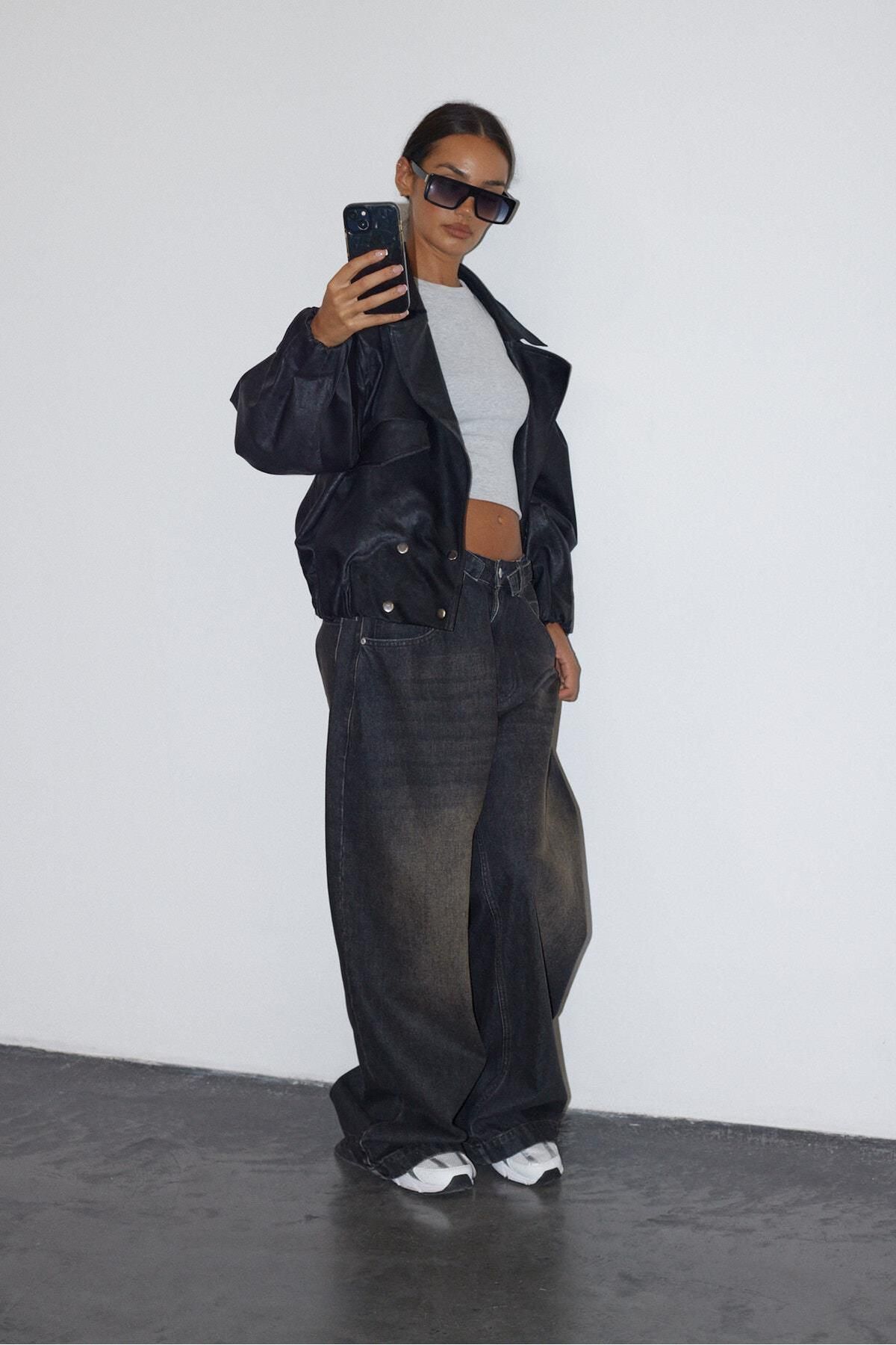 Siyah Oversize Deri Mont Siyah Oversize Deri Mont