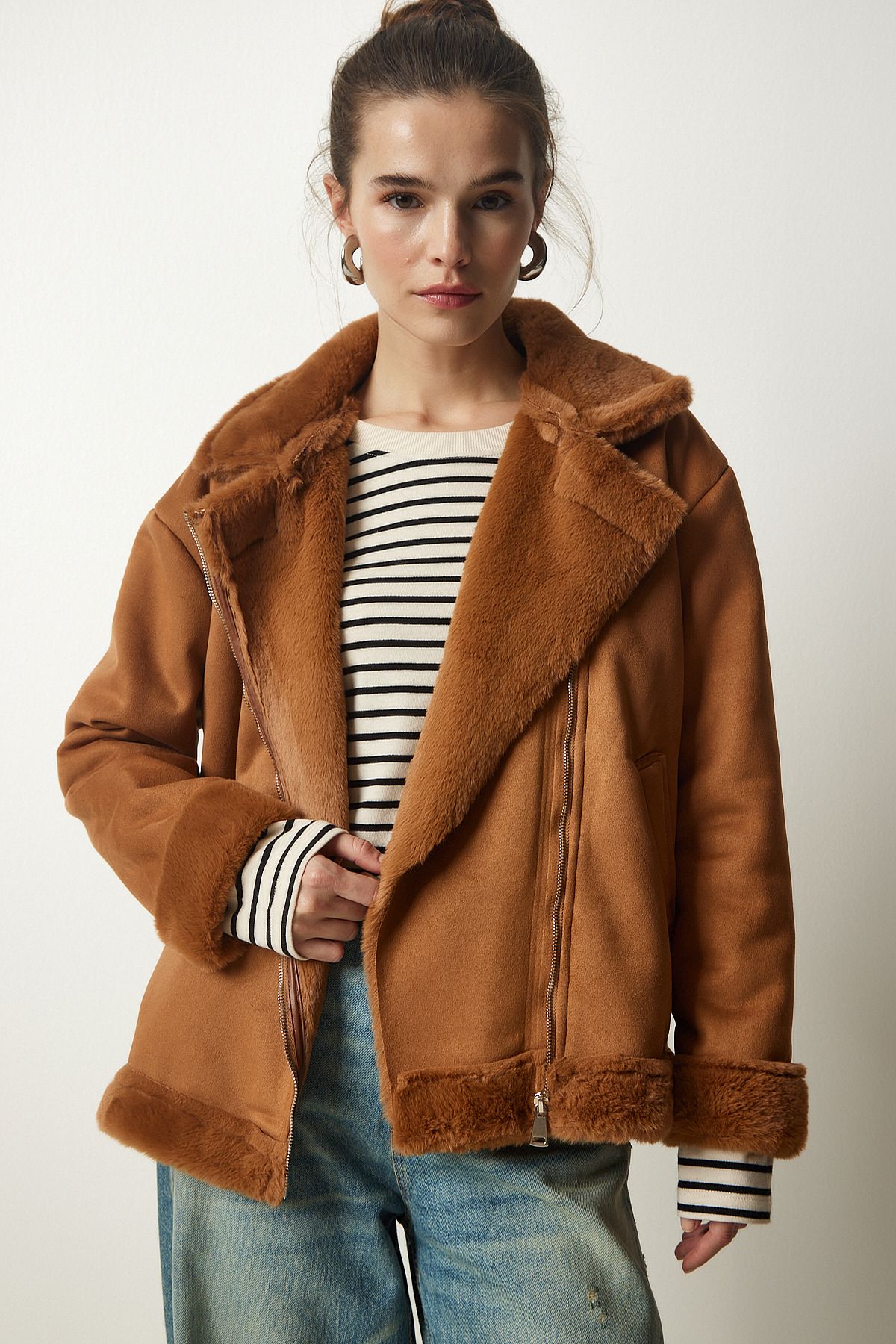 Kadın Taba Kürklü Nubuk Mont RV00155