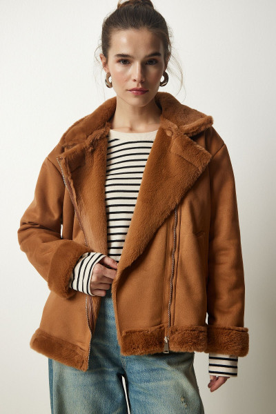 Kadın Taba Kürklü Nubuk Mont RV00155