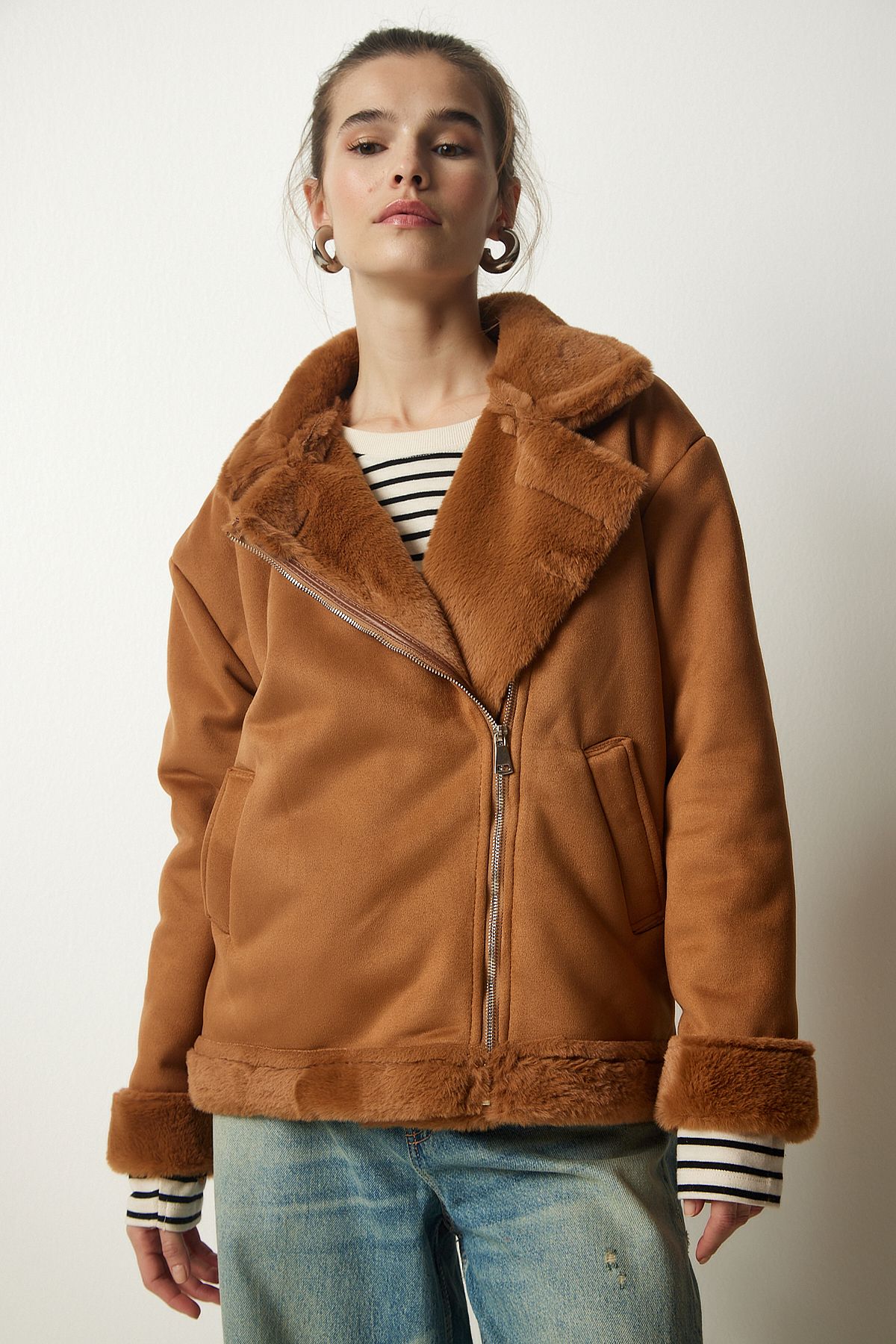 Kadın Taba Kürklü Nubuk Mont RV00155