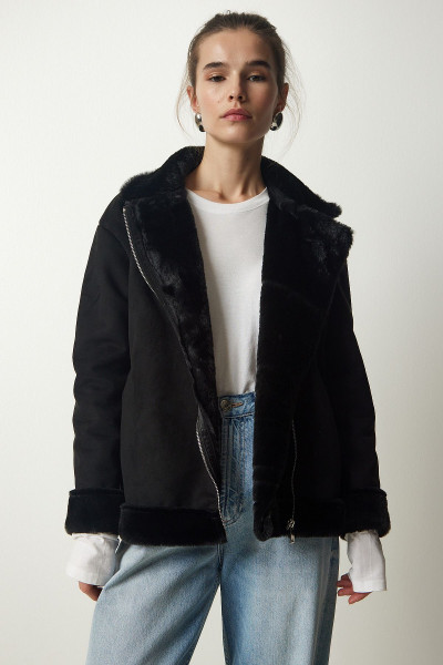 Kadın Siyah Kürklü Nubuk Mont RV00155 Kadın Siyah Kürklü Nubuk Mont RV00155