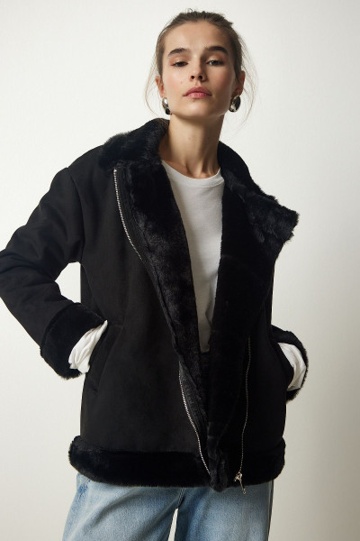 Kadın Siyah Kürklü Nubuk Mont RV00155 Kadın Siyah Kürklü Nubuk Mont RV00155