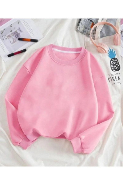 Pembe 3 iplik Bisiklet Yaka Düz Baskısız Basic Sweatshirt